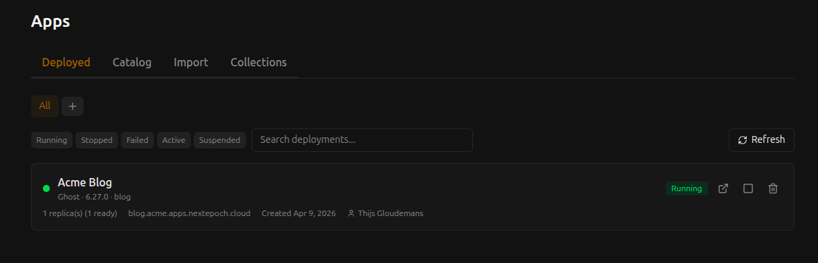 NextEpoch deployed apps list showing Acme Blog (Ghost) running