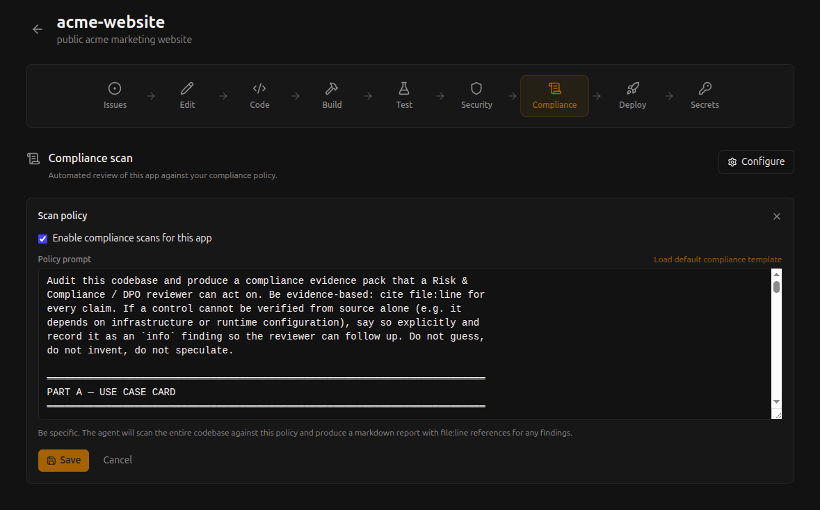 NextEpoch automated compliance scan policy editor