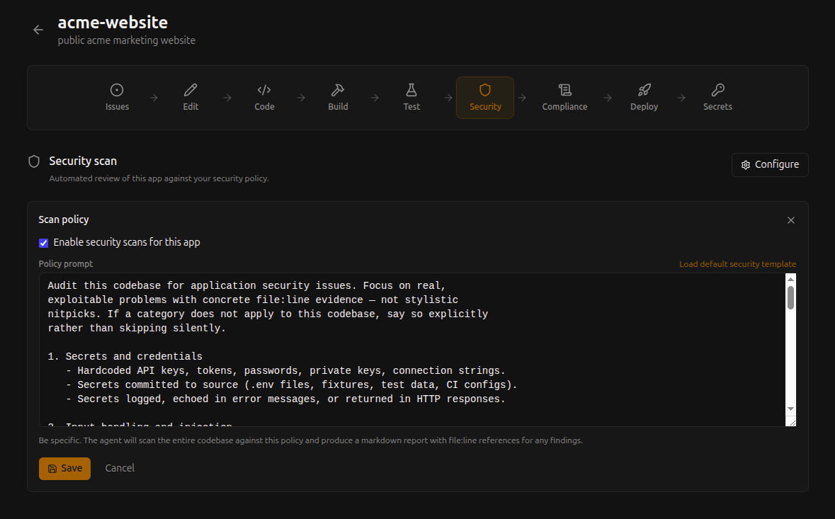 NextEpoch automated security scan policy editor