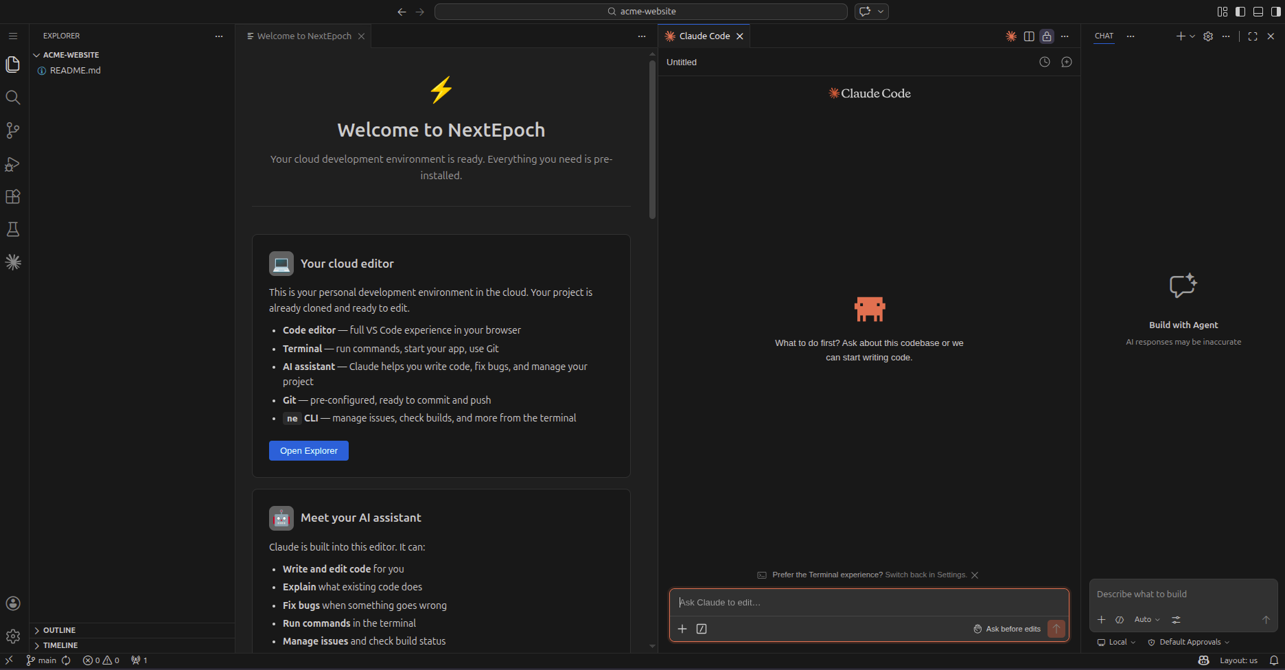 Claude Code opened inside the NextEpoch editor, ready for the first prompt