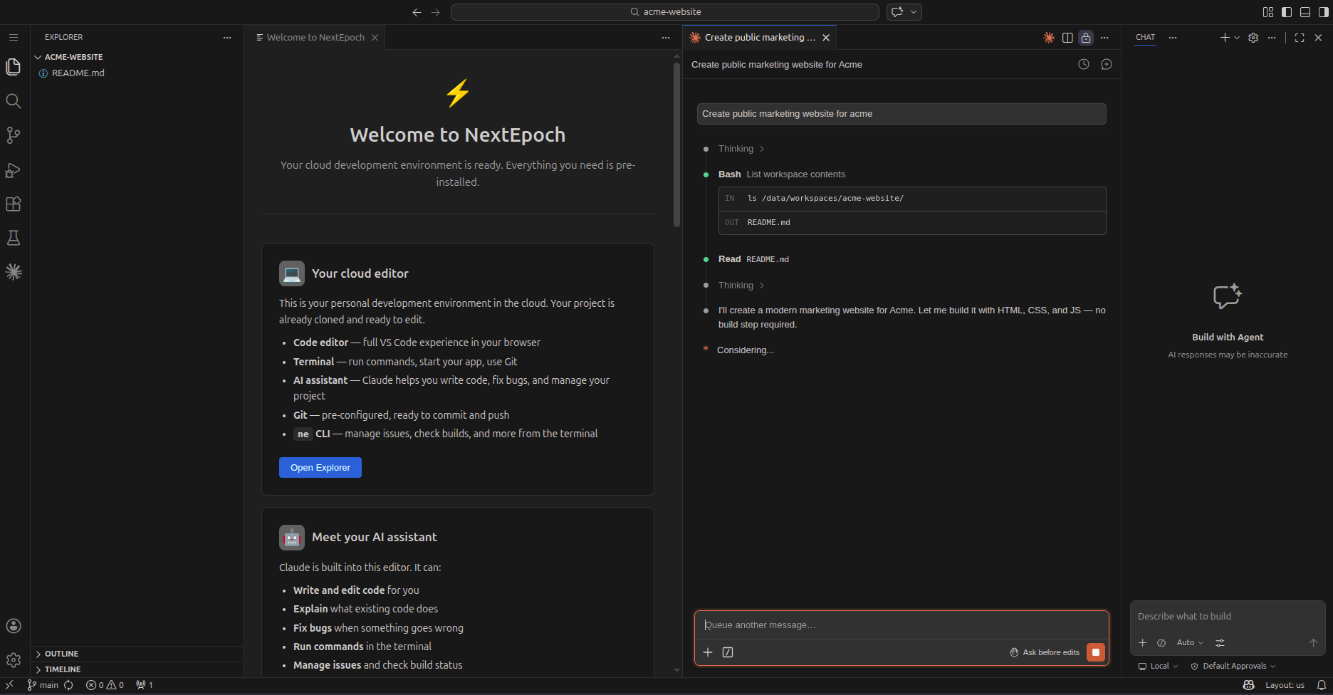 Claude Code planning a new marketing website task list inside the NextEpoch editor