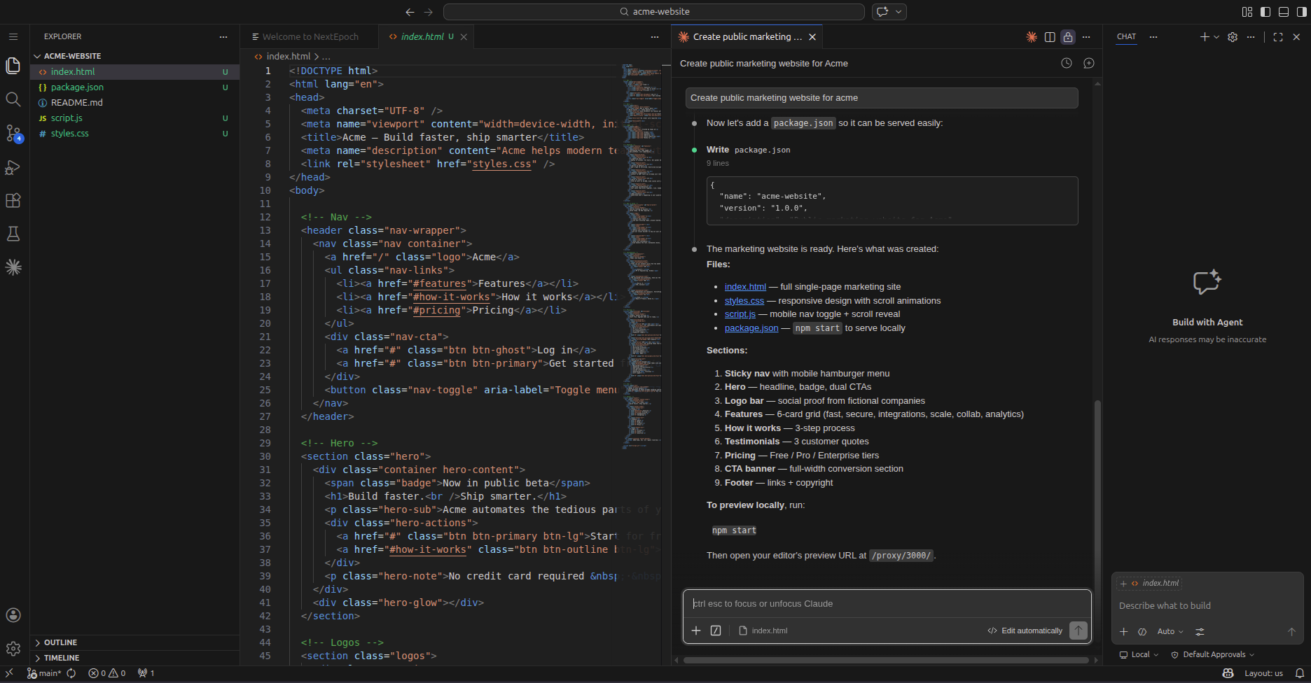 Generated marketing site files visible in the NextEpoch editor explorer