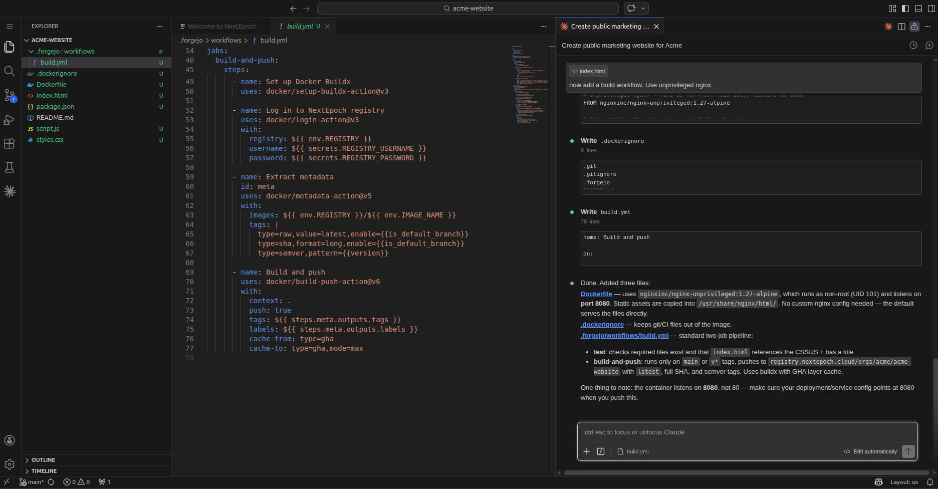 Claude Code adding a build workflow to the project