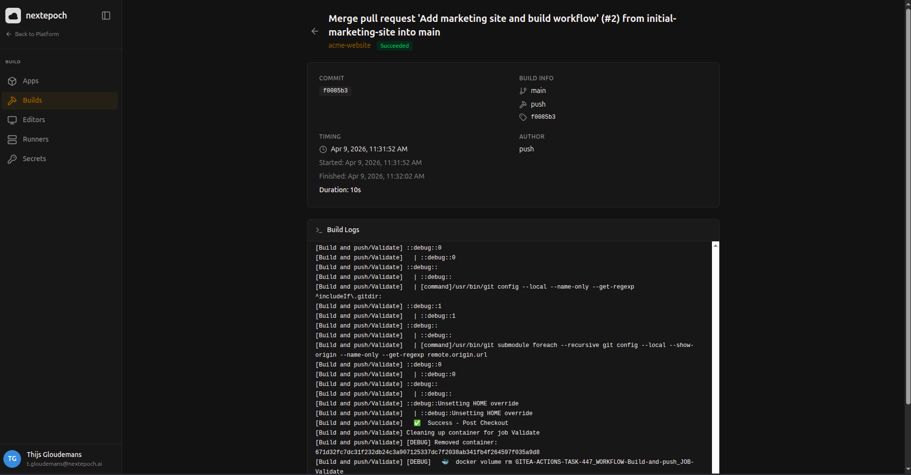 NextEpoch pipeline run showing a successful build and deploy of the marketing site